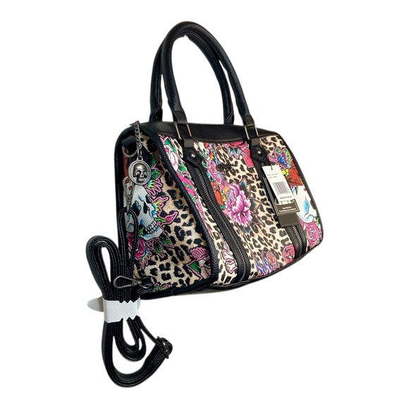 ED HARDY Cheetah Floral Skull Heart Diamond Tiger Vegan Leather Satchel Purse - Picture 3 of 8